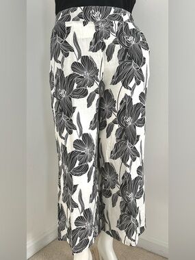 Tahari Black and White Floral Linen Wide-Leg Pants Sz XL Cruise Vacation